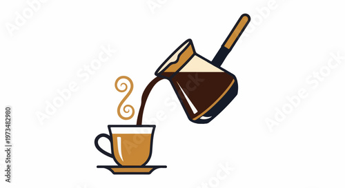 Pouring rich, dark coffee from a pot into a steaming cup on a saucer