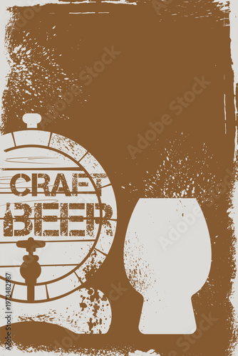 Detailed vector graphic of a beer barrel with "Craft Beer" typography and a glass. A distressed, hand-drawn feel suitable for t-shirt prints and brewery merchandise