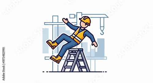 Construction worker in safety gear falls from a ladder near cranes and buildings
