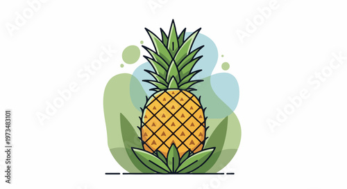 A vibrant yellow pineapple with green spiky leaves, set against soft, abstract pastel shapes and clean white background