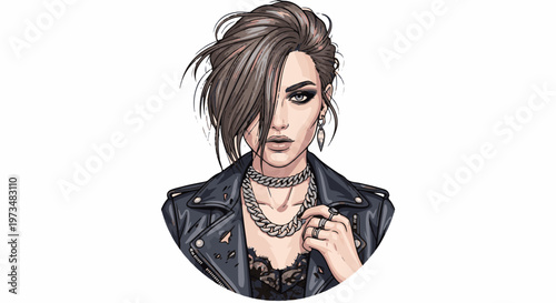 A stylized portrait of a woman with dark hair, leather jacket, and chunky jewelry