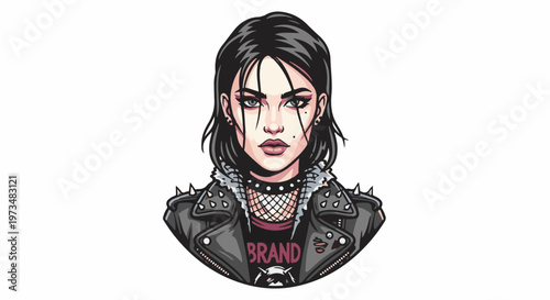 Edgy young woman with dark hair, makeup, and spiked jacket