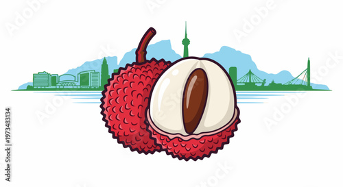 A vibrant illustration features a ripe lychee, cut open to reveal its seed, with a stylized city skyline in the background