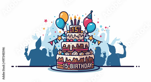 Festive multi-tiered cake with "15-Birthday" text and celebratory silhouettes
