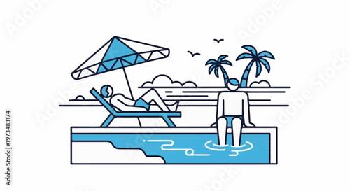 Two people relax by a poolside with palm trees and a beach in the background