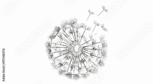 A detailed, close-up, grayscale illustration of a dandelion seed head with several seeds blowing away in the wind