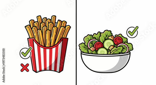 Side by side comparison of unhealthy French fries and healthy fresh salad