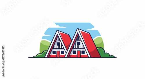 Two identical red triangular A-frame houses nestled in a stylized landscape