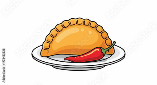 A golden, savory pastry sits on a white plate next to a vibrant red chili pepper