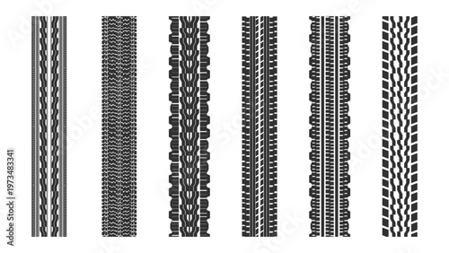 Tire tracks silhouette seamless pattern brush set, various tread marks
