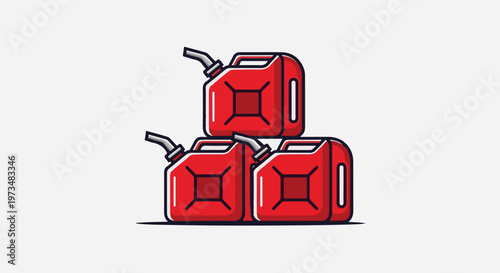 Three stacked red jerrycans with spouts on a light gray background