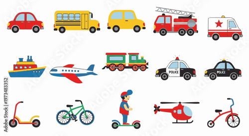 Collection of colorful cartoon vehicles including cars, bus, fire truck, ambulance, train, police cars