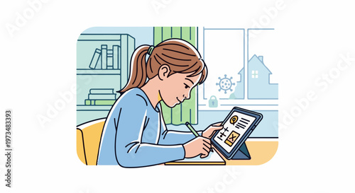 Young person learning remotely at a table with a tablet and notebook