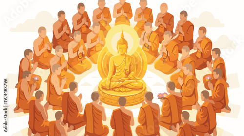 Visakha Bucha Day Monks Praying in Flat Vector Style
