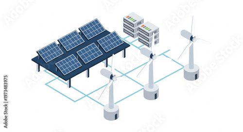 Solar Panels Wind Turbines and Battery Energy System.