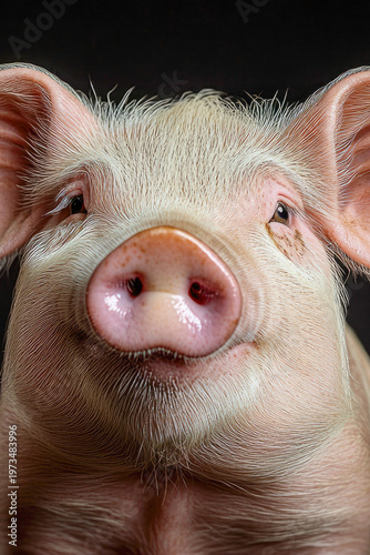 Close-up view of a pig's face on a dark background vertical frame