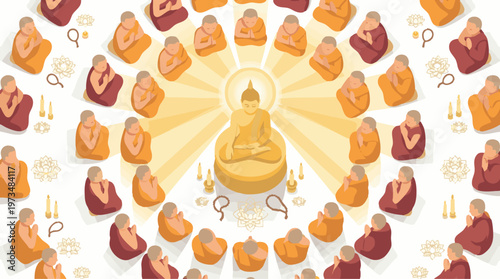 Monks Praying During Visakha Bucha Celebration Flat Vector