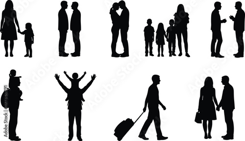 Collection of family silhouettes with parents children couples and travelers for lifestyle and social community vector illustration set.