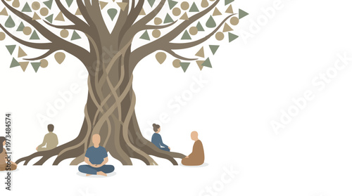 Visakha Bucha People Meditating Under Bodhi Tree Vector