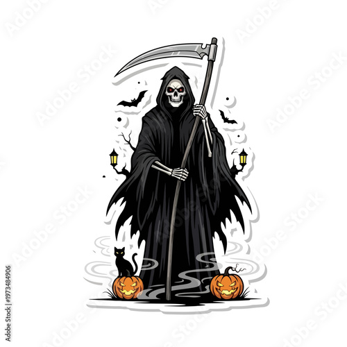 A grim reaper stands menacingly with scythe surrounded by jack-o-lanterns black cat and bats.