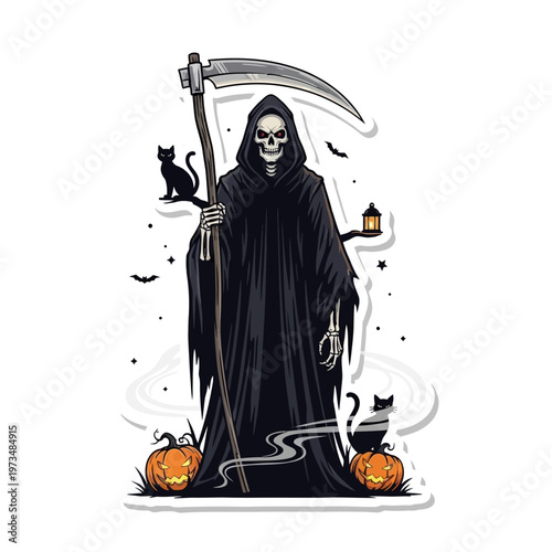 The grim reaper stands with scythe surrounded by black cats pumpkins