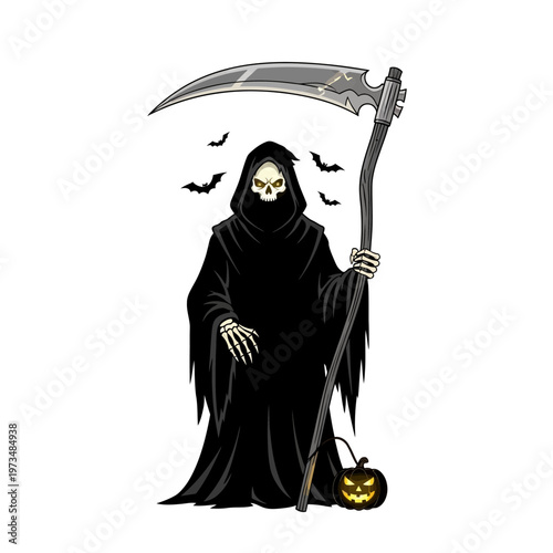 A grim reaper skeleton in a black hooded robe holds a scythe with bats flying around it and a jack-o'-lantern at its feet.