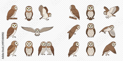 Set of cute cartoon owls in various poses, including flying, standing, and perched, isolated on a transparent background.