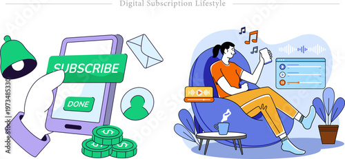 Digital Subscription Lifestyle Flat Vector Subscribe Button Premium Streaming Experience Illustration