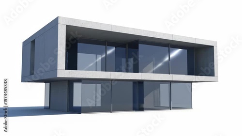 This video shows the architectural design process of a modern house. A blueprint transforms into a sleek, two-story concrete and glass building.