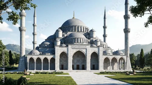 A detailed blueprint of a mosque transforms into a majestic structure. Flowing elements reveal the grand mosque in a serene landscape.