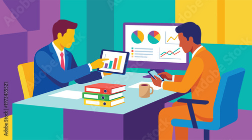 Two businessmen working at office desk.