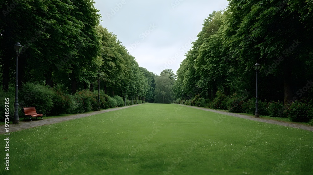 Fototapeta premium A peaceful tree lined avenue forming a deep green corridor through a lush expansive park landscape