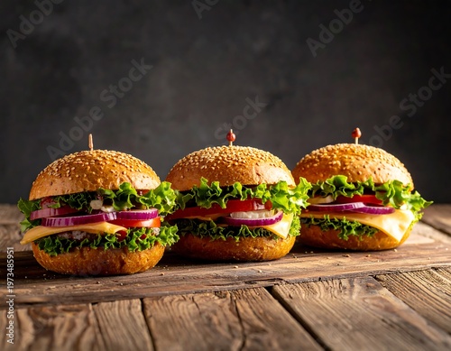 Three gourmet sandwiches are placed on a wooden surface. Each burger has sesame seed buns with lettuce, cheese, onions, and tomato slices