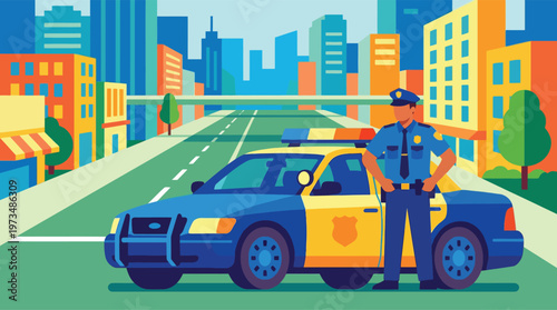 Police officer standing next to a police car on a city street.