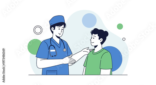 Doctor examining young boy's throat, healthcare concept illustration