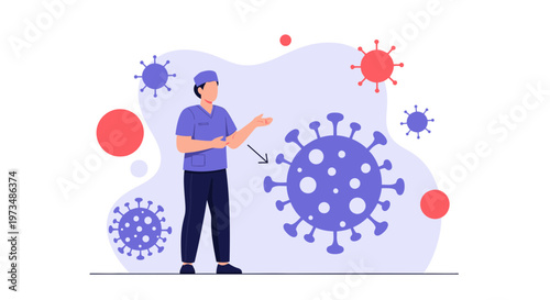 Doctor explaining coronavirus structure, virus research, pandemic science, medical illustration