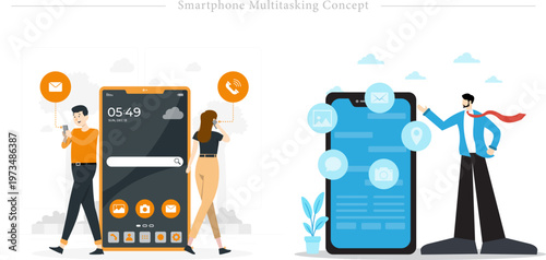 Smartphone Multitasking Concept Flat Vector Mobile Communication App Ecosystem Illustration