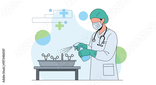 Doctor sterilizing medical instruments with disinfectant spray for hygiene and safety