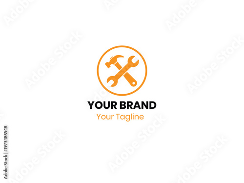 Template logo with crossed hammer and wrench in orange circle for construction or repair service brand identity