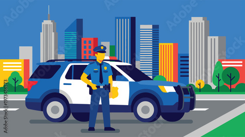 Police officer standing beside a patrol car.