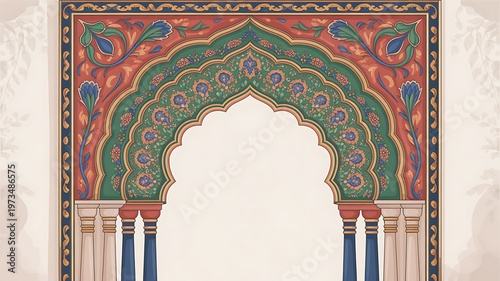 Intricate floral archway frame design in a traditional mughal style