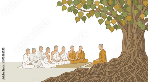 Monks Meditating Under Bodhi Tree on Visakha Bucha Day