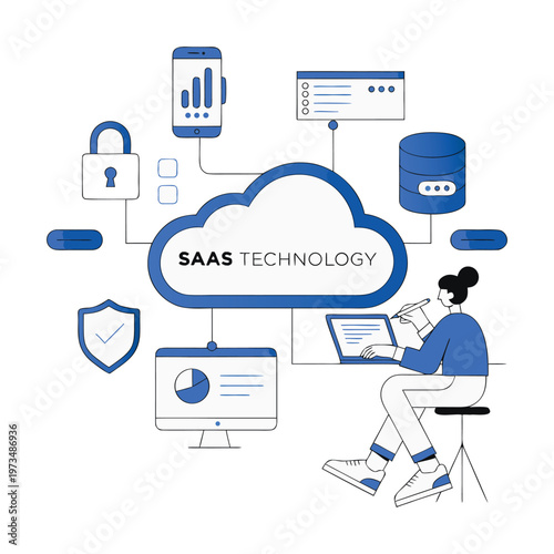 Professional SaaS Technology Vector with User Dashboard and Cloud Network