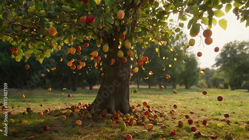 Fruits falling from a tree in motion dynamic shot natural outdoor lighting creative concept