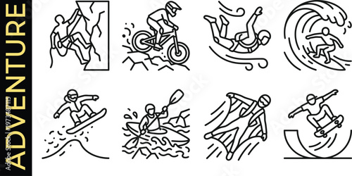 Extreme sports and adventure outdoor activities thin line icons set featuring rock climbing, mountain biking, skydiving, surfing, snowboarding, kayaking, wingsuit, and skateboarding