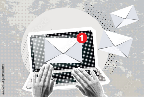 Retro Halftone Collage Laptop and envelope e-mail list building illustration. Vintage halftone dotted effect retro collage cut-out element. Modern photo collage