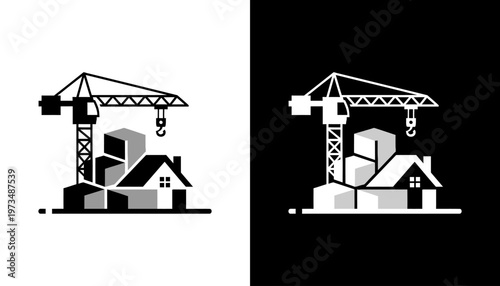 Construction Crane Lifting House Building.