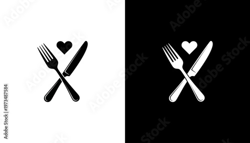 Crossed silverware with heart symbol.