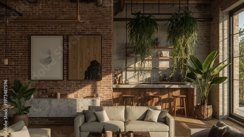 modern interior design concept with brick wall and plants
