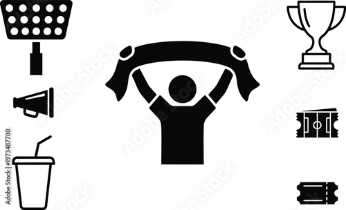 Set of soccer and football fan match day icons featuring stadium lights, megaphone, trophy, match tickets, and supporter silhouette for sports tournament events and marketing